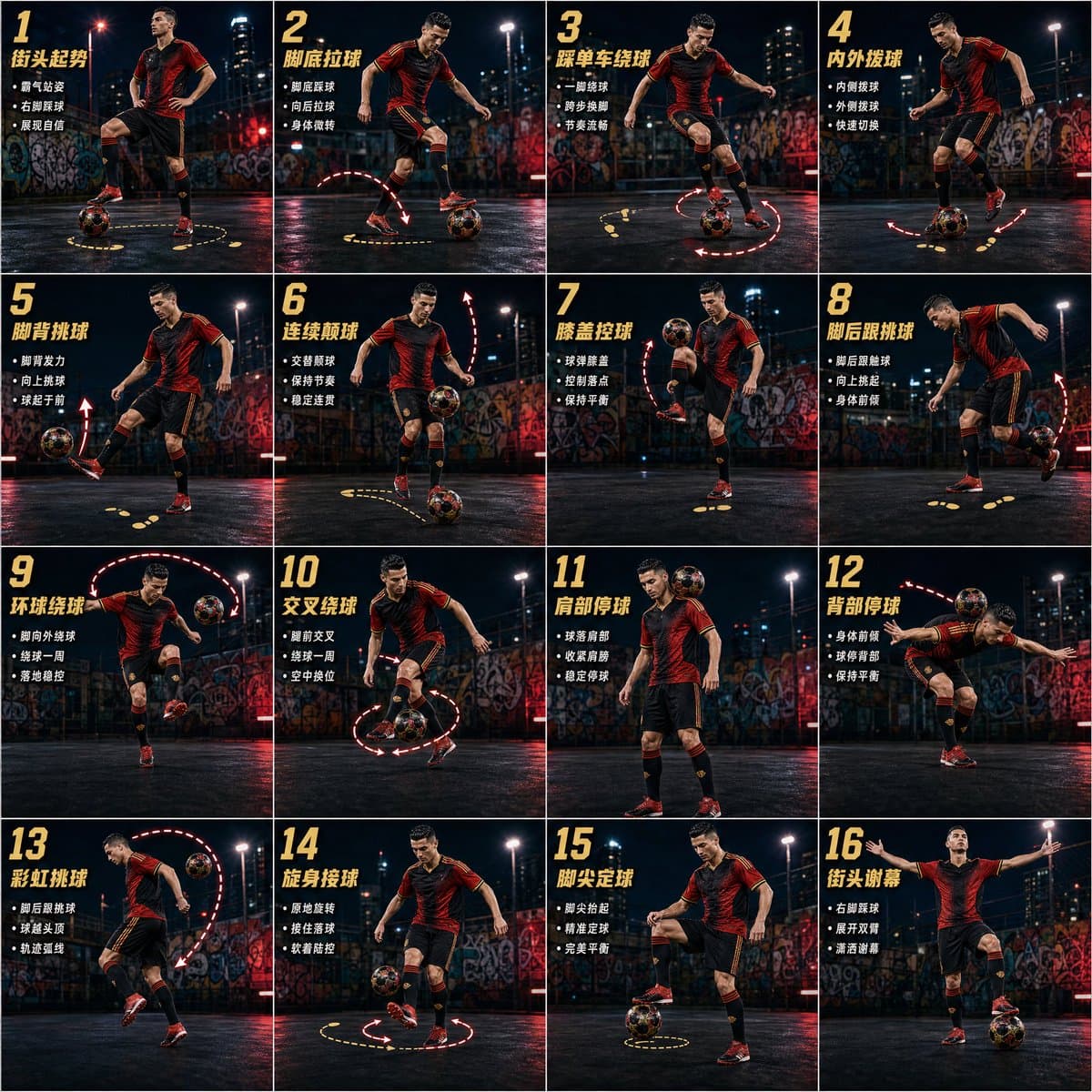 Street Football 16-Step Action Poster — Cinematic Breakdown Prompt