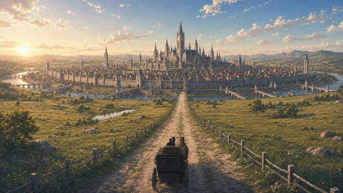 Medieval Castle City Arrival — Cinematic Fantasy Prompt