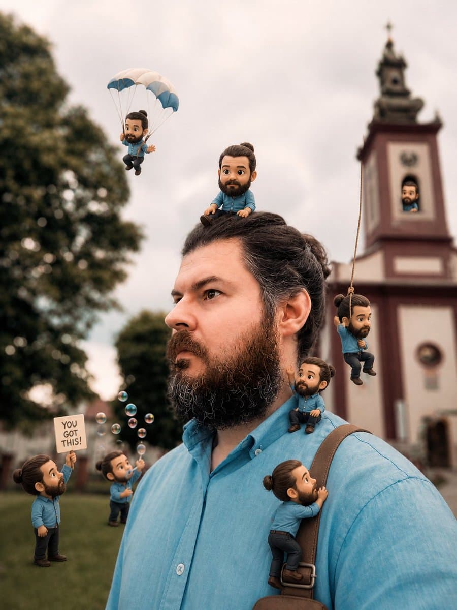 Miniature Clone Portrait in Churchyard — Sora 2 Prompt