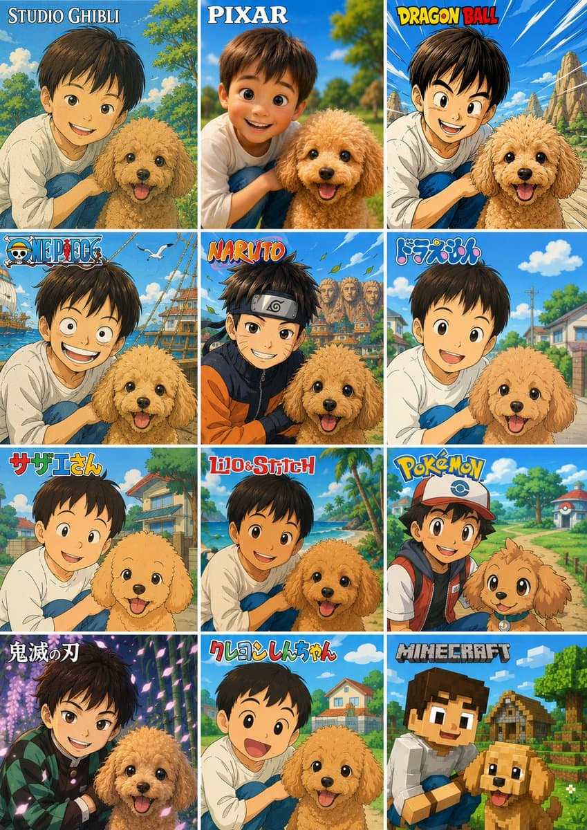 12-Style Anime Collage — Kids & Dog Photo Prompt