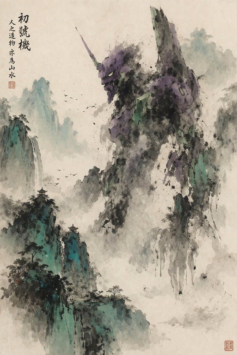 Mecha Ink Wash Landscape — AI Art Prompt
