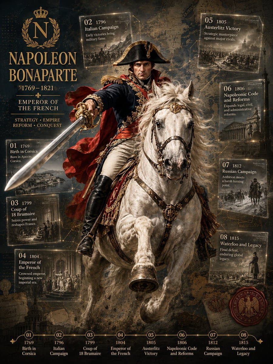 Napoleon Bonaparte Historical Timeline Poster — Sora 2 Prompt