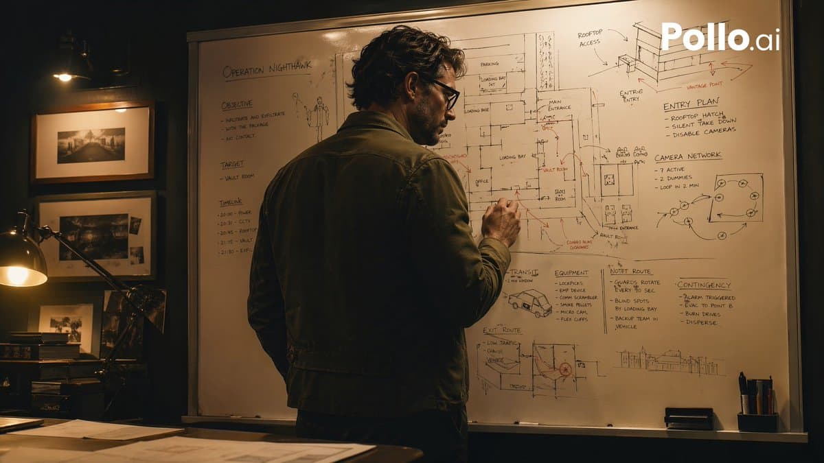 Heist Mastermind Whiteboard — Cinematic Thriller Prompt