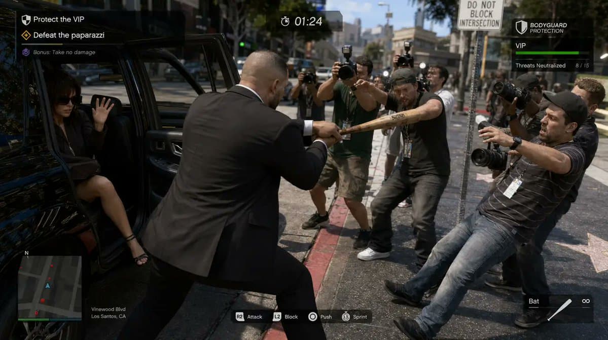 ملاحقة حارس شخصي للパパاراتزي — مشهد لعبة ثلاثية الأبعاد