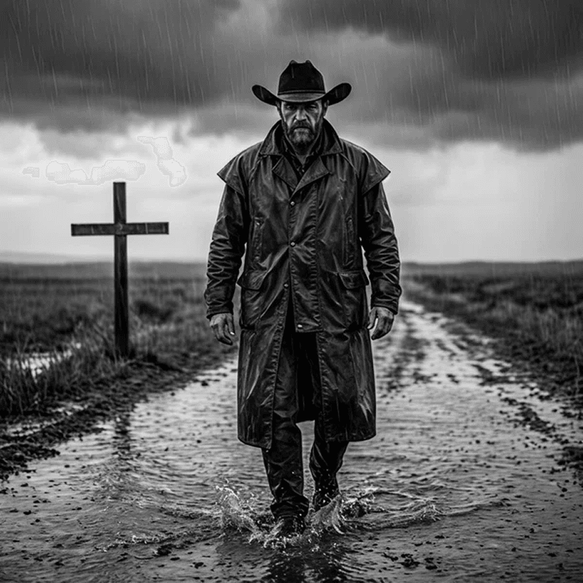Rain-Soaked Cowboy Portrait — Cinematic Black & White Prompt