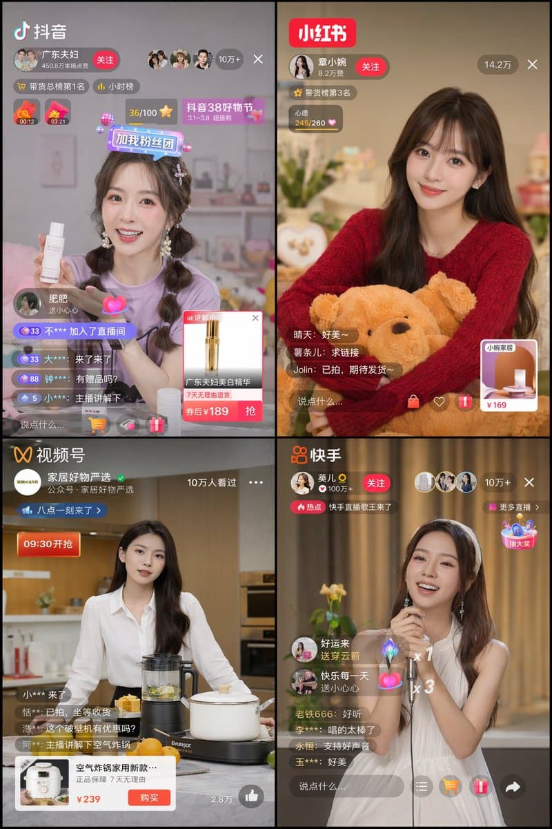 Chinese Livestreaming App UI Grid — Sora 2 Prompt